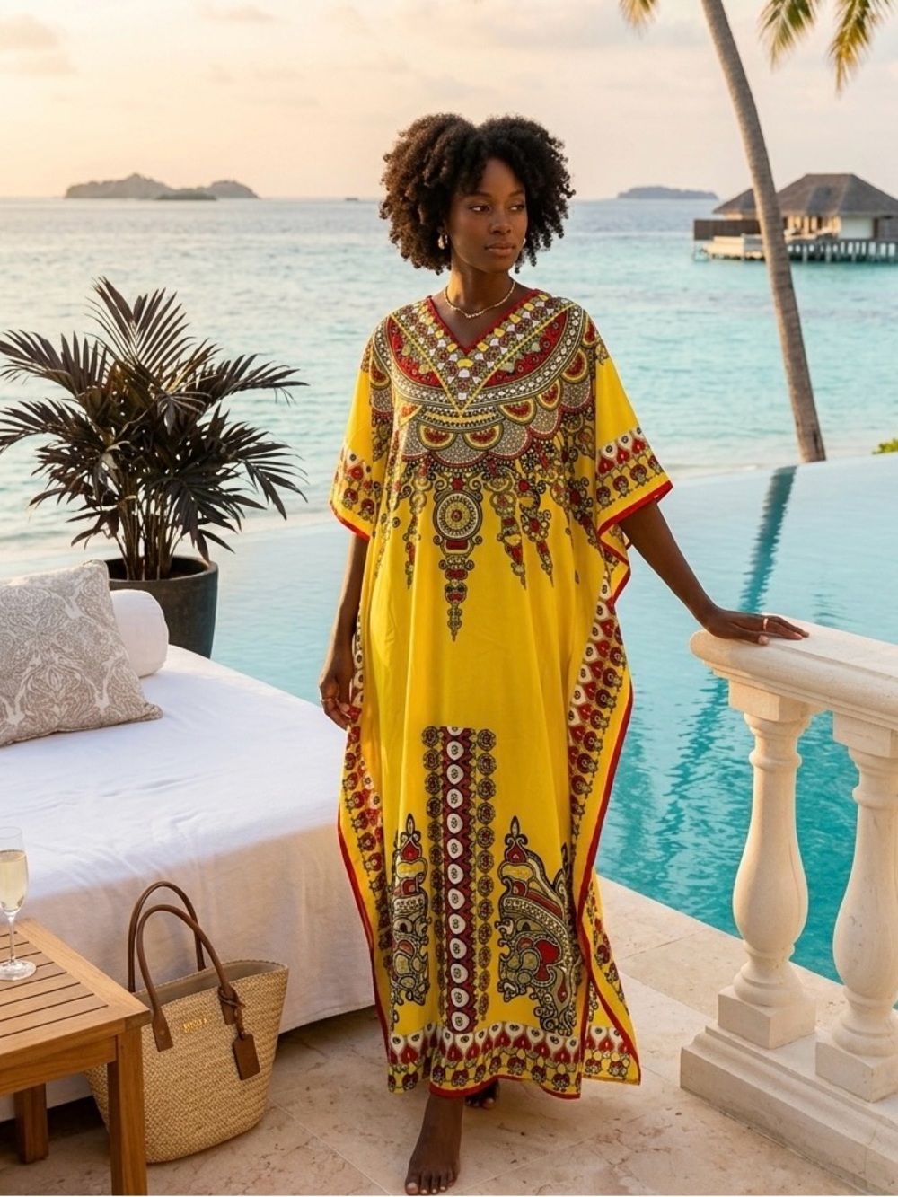 Vibrant Yellow Dashiki Kaftan Maxi Dress – Bohemian Loungewear – One Size